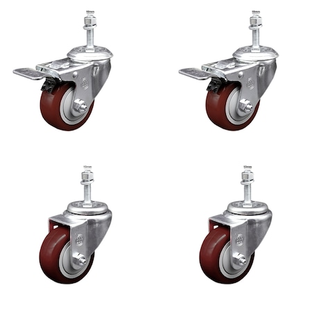 Service Caster 3 Inch SS Maroon Poly 10mm Threaded Stem Caster Total Lock Brake SCC, 2PK SCC-SSTSTTL20S314-PPUB-MRN-M1015-2S2